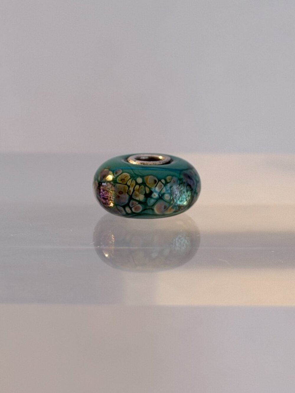 Trollbeads Green Teal Mosaic Glass Bead Iridescent with Sterling Core